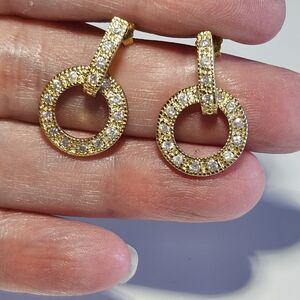 Vintage Ross Simons Gold Plate Over SS Dangling Circle Earrings Rhinestone